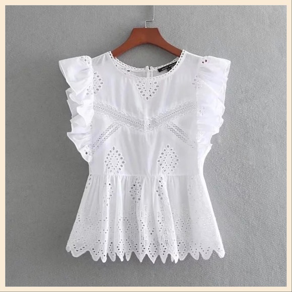 Boho Embroidered Ruffle White Blouse/Top - Picture 1 of 8